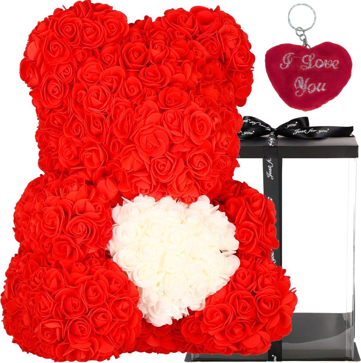 Rozenbeer Rood met Wit Hart 30 cm + I Love You Sleutelhanger {Rozen beer Valentijn teddybeer rose bear cadeau gift geliefde vriendin | knuffel roos beertje Valentijnsdag kado knuffelbeer hartje i love you ik hou van jou hartjes}